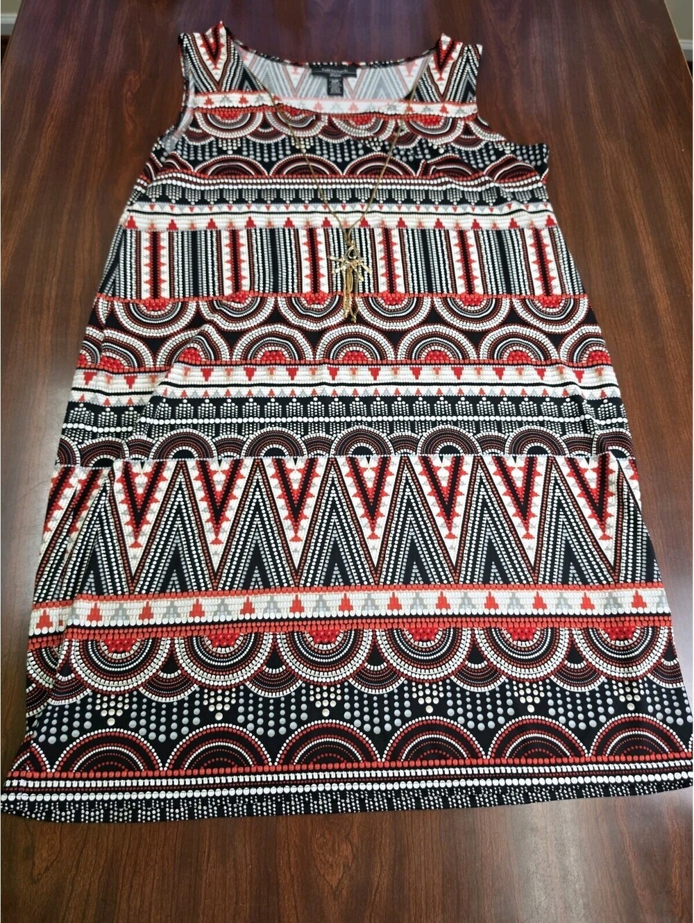 R&M Richards Size 14P Red Black Geometric Print Boho Chic Sleeveless Knee Dress
